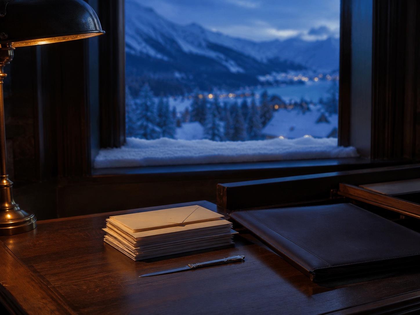 Briefe und eine Ledermappe auf einem Sekretär, Bergblick zur blauen Stunde